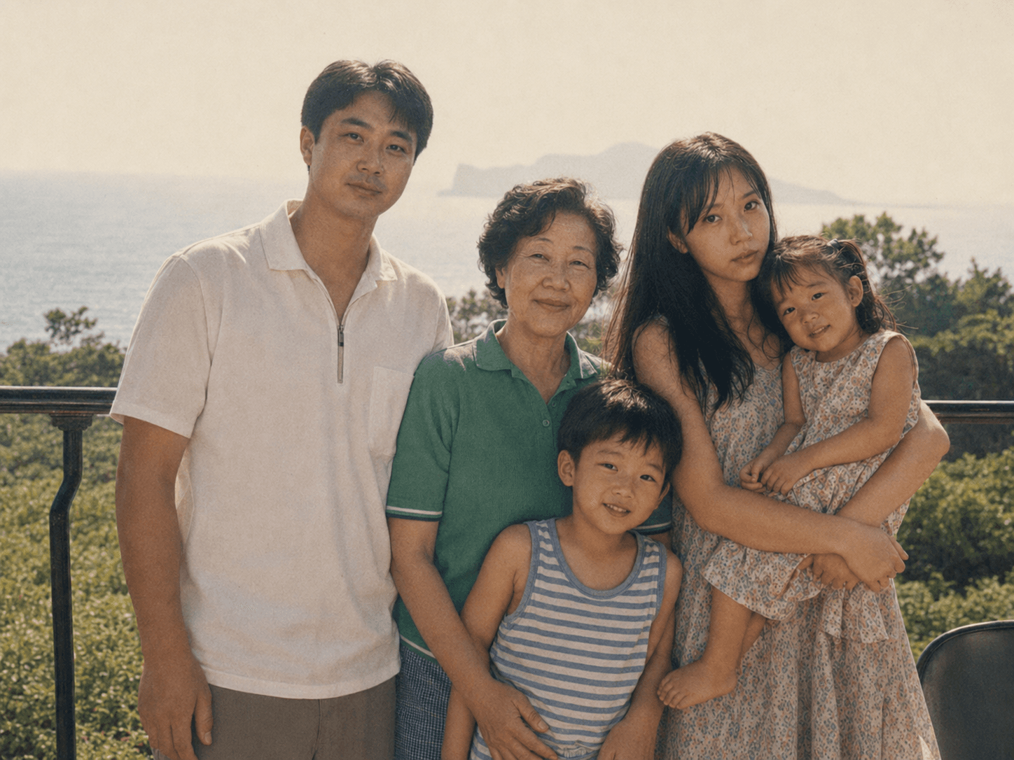 바다를 배경으로 함께 선 가족사진